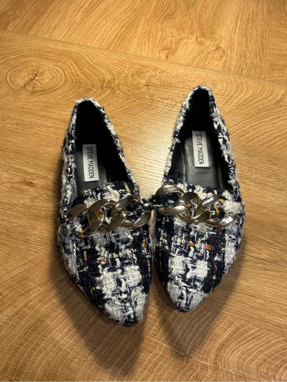 Steve Madden Black & White Tweed Pointed Loafers with Gold Chain